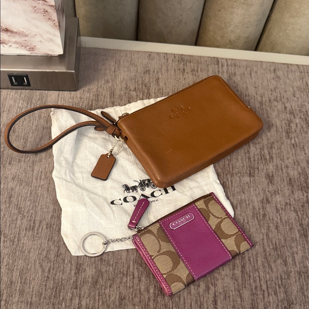 Coach bundle Tan Wristlet and Purple Card Holder Set